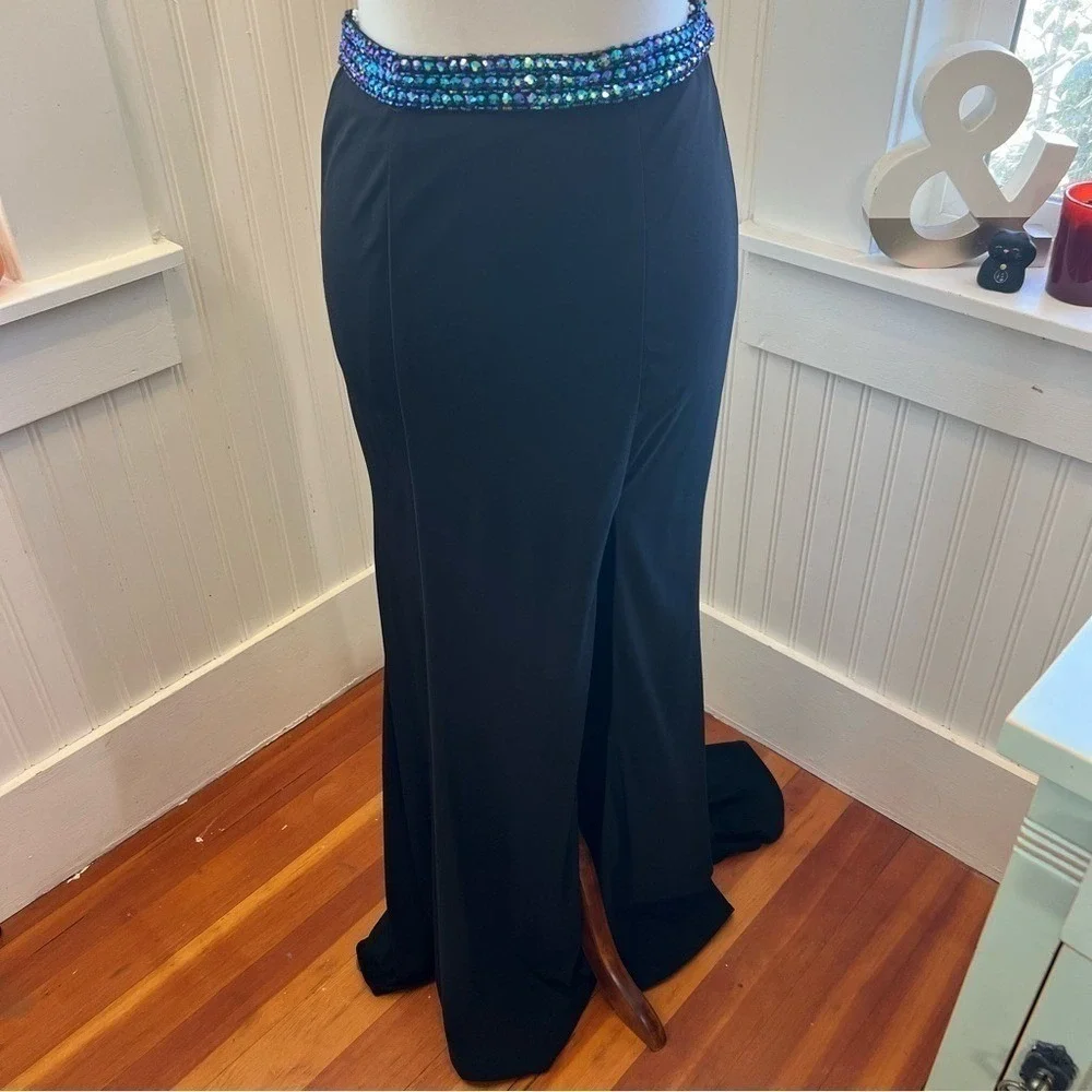 Tiffany Designs Black Formal Maxi Skirt Beaded Waist High Slit Train Size 4